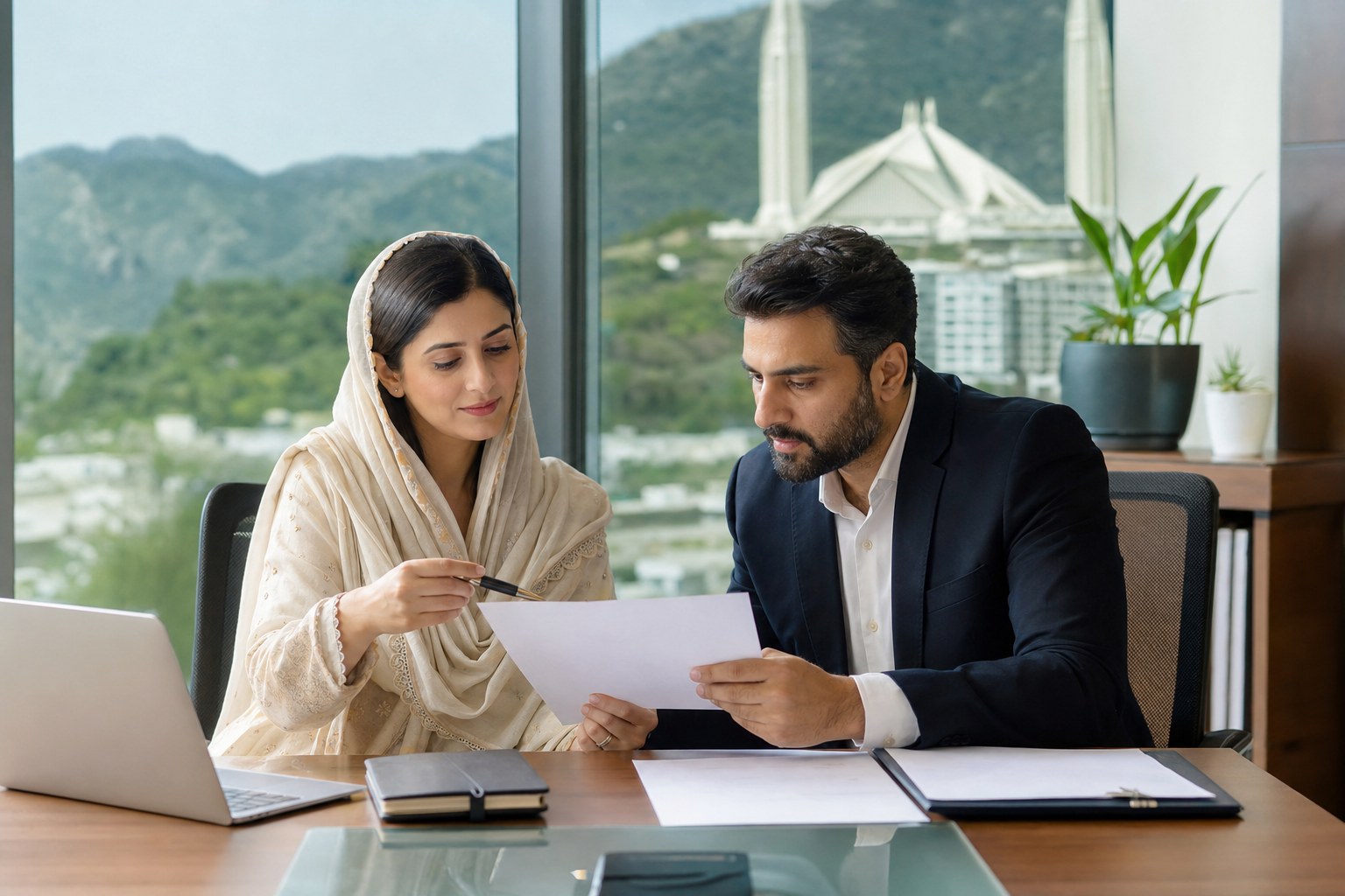 Pakistani professionals reviewing business documents in a modern office